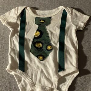 John Deere White Onesie with Green Tie and Suspenders